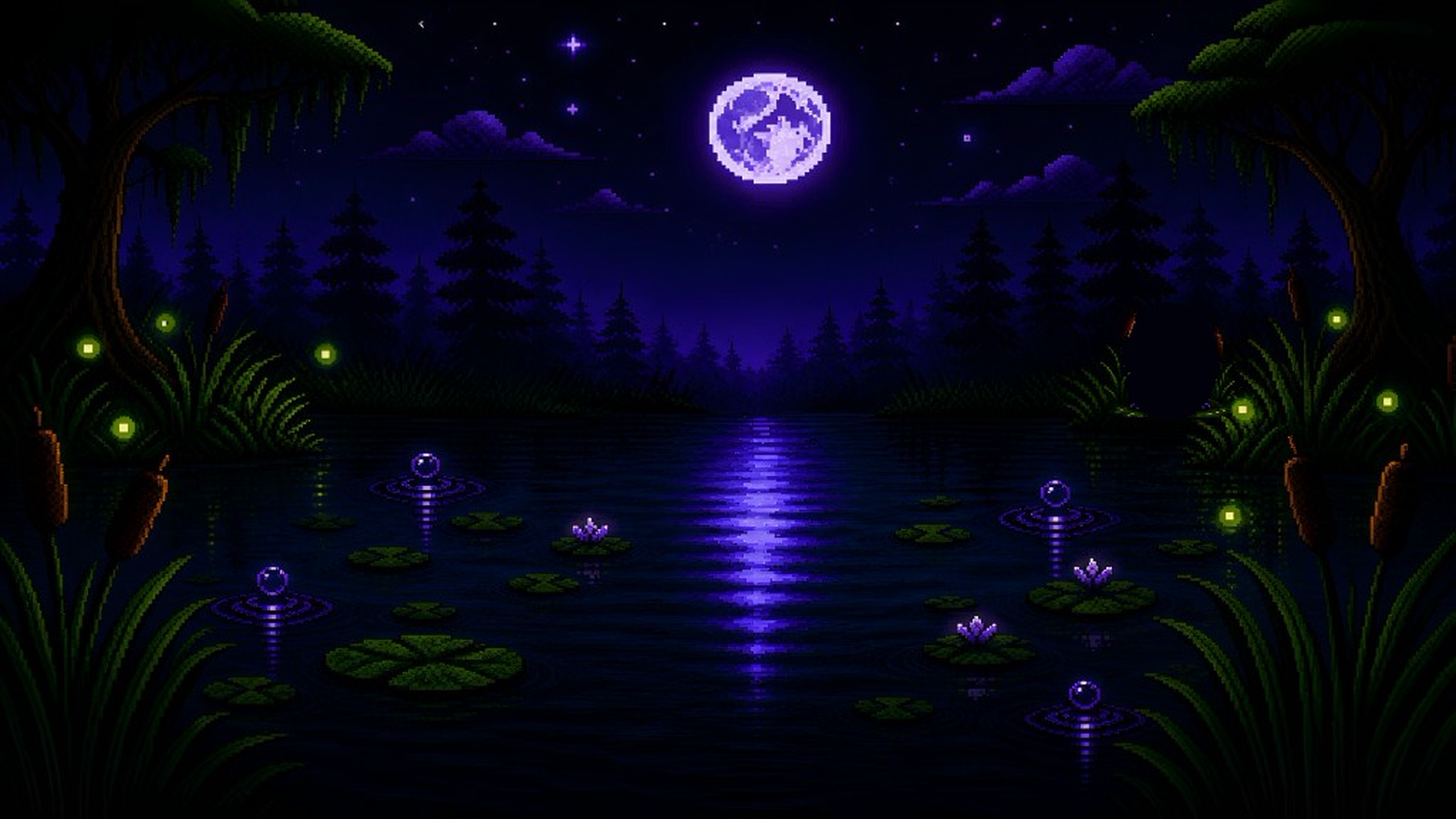 Pixel art swamp at night under a purple moon